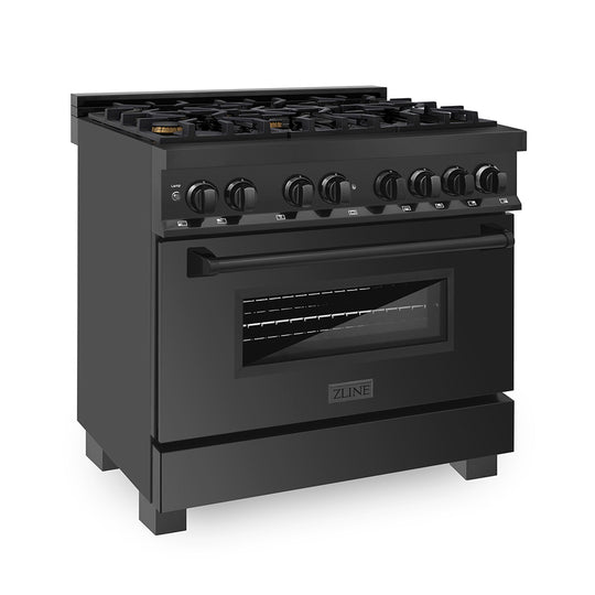 ZLINE 36 in. 4.6 cu. ft. Legacy Dual Fuel Range with Gas Cooktop and Electric Convection Oven in Black Stainless Steel with 6 Brass Burners, Open Box-Great Condition