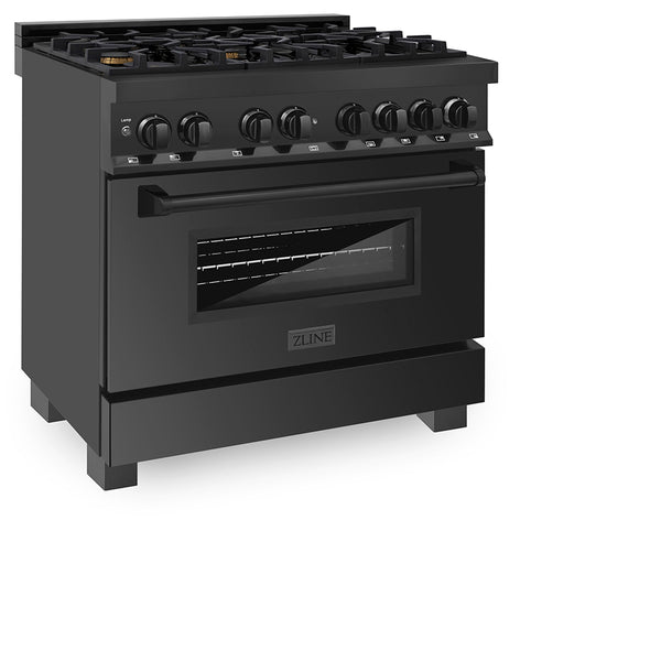 ZLINE 36 in. 4.6 cu. ft. Legacy Dual Fuel Range with Gas Cooktop and Electric Convection Oven in Black Stainless Steel with 6 Brass Burners, Open Box-Great Condition