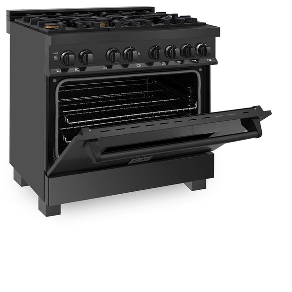 ZLINE 36 in. 4.6 cu. ft. Legacy Dual Fuel Range with Gas Cooktop and Electric Convection Oven in Black Stainless Steel with 6 Brass Burners, Open Box-Great Condition