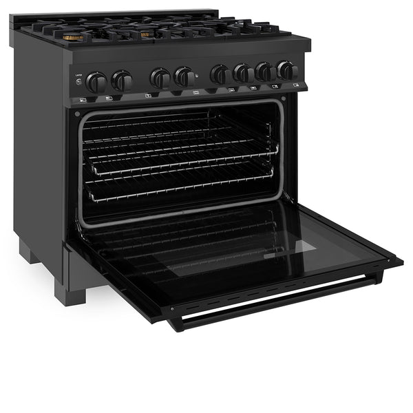ZLINE 36 in. 4.6 cu. ft. Legacy Dual Fuel Range with Gas Cooktop and Electric Convection Oven in Black Stainless Steel with 6 Brass Burners, Open Box-Great Condition