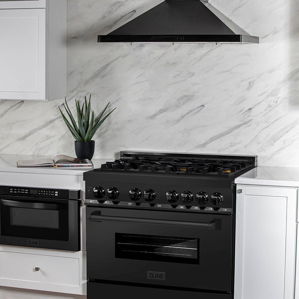 ZLINE 36 in. 4.6 cu. ft. Legacy Dual Fuel Range with Gas Cooktop and Electric Convection Oven in Black Stainless Steel with 6 Brass Burners, Open Box-Great Condition