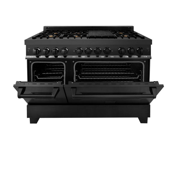 ZLINE 48 in. 6.0 cu. ft. Legacy Dual Fuel Range with Gas Cooktop and 2 Electric Ovens in Black Stainless Steel with Brass Burners (RAB-BR-48) front, oven half open.