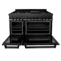 ZLINE 48 in. 6.0 cu. ft. Legacy Dual Fuel Range with Gas Cooktop and 2 Electric Ovens in Black Stainless Steel with Brass Burners (RAB-BR-48) front, open.