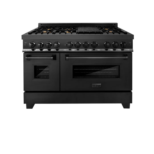 ZLINE 48 in. 6.0 cu. ft. Legacy Dual Fuel Range with Gas Cooktop and 2 Electric Ovens in Black Stainless Steel with 6 Brass Burners (RAB-BR-48)