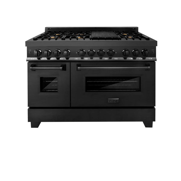 ZLINE 48 in. 6.0 cu. ft. Legacy Dual Fuel Range with Gas Cooktop and 2 Electric Ovens in Black Stainless Steel with 6 Brass Burners (RAB-BR-48) front, oven closed.