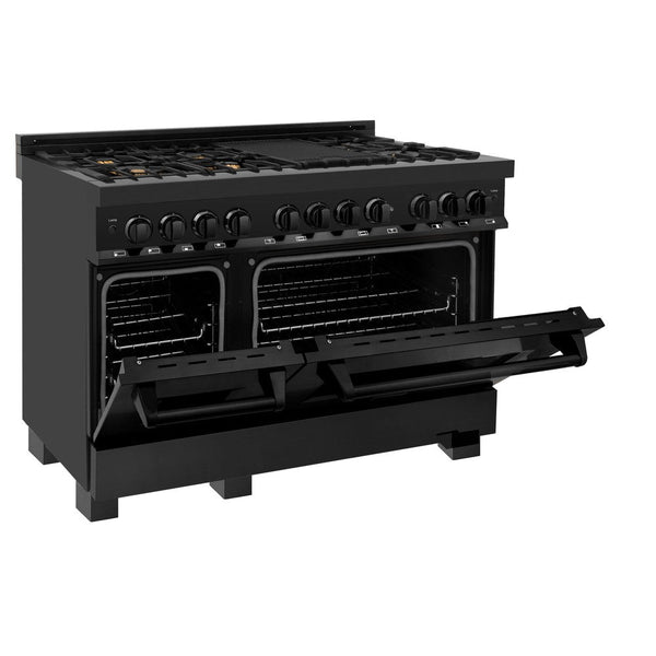 ZLINE 48 in. 6.0 cu. ft. Legacy Dual Fuel Range with Gas Cooktop and 2 Electric Ovens in Black Stainless Steel with Brass Burners (RAB-BR-48) side, oven half open.