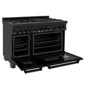 ZLINE 48 in. 6.0 cu. ft. Legacy Dual Fuel Range with Gas Cooktop and 2 Electric Ovens in Black Stainless Steel with Brass Burners (RAB-BR-48) side, oven open.