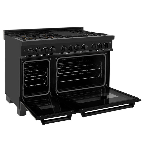 ZLINE 48 in. 6.0 cu. ft. Legacy Dual Fuel Range with Gas Cooktop and 2 Electric Ovens in Black Stainless Steel with Brass Burners (RAB-BR-48) side, oven open.