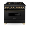 ZLINE Autograph Edition 36 in. 4.6 cu. ft. Legacy Dual Fuel Range with 6 Burner Gas Cooktop and Electric Convection Oven in Black Stainless Steel and Champagne Bronze Accents, Open Box-Good Condition