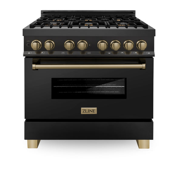 ZLINE Autograph Edition 36 in. 4.6 cu. ft. Legacy Dual Fuel Range with 6 Burner Gas Cooktop and Electric Convection Oven in Black Stainless Steel and Champagne Bronze Accents, Open Box-Great Condition
