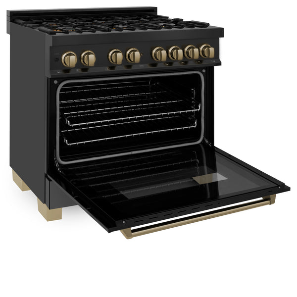 ZLINE Autograph Edition 36 in. 4.6 cu. ft. Legacy Dual Fuel Range with 6 Burner Gas Cooktop and Electric Convection Oven in Black Stainless Steel and Champagne Bronze Accents, Open Box-Great Condition