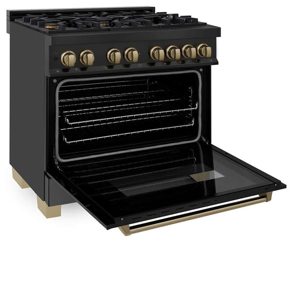 ZLINE Autograph Edition 36 in. 4.6 cu. ft. Legacy Dual Fuel Range with 6 Burner Gas Cooktop and Electric Convection Oven in Black Stainless Steel and Champagne Bronze Accents, Open Box-Good Condition