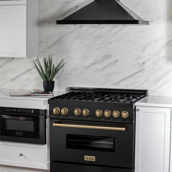ZLINE Autograph Edition 36 in. 4.6 cu. ft. Legacy Dual Fuel Range with 6 Burner Gas Cooktop and Electric Convection Oven in Black Stainless Steel and Champagne Bronze Accents, Open Box-Great Condition