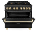 ZLINE Autograph Edition 36 in. 4.6 cu. ft. Legacy Dual Fuel Range with 6 Burner Gas Cooktop and Electric Convection Oven in Black Stainless Steel and Polished Gold Accents, Open Box-Great Condition