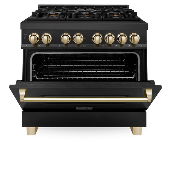 ZLINE Autograph Edition 36 in. 4.6 cu. ft. Legacy Dual Fuel Range with 6 Burner Gas Cooktop and Electric Convection Oven in Black Stainless Steel and Polished Gold Accents, Open Box-Great Condition