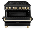 ZLINE Autograph Edition 36 in. 4.6 cu. ft. Legacy Dual Fuel Range with 6 Burner Gas Cooktop and Electric Convection Oven in Black Stainless Steel and Polished Gold Accents, Open Box-Good Condition