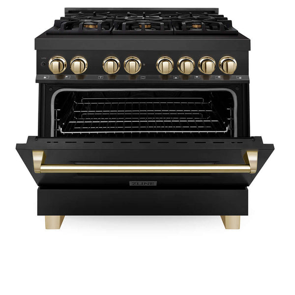 ZLINE Autograph Edition 36 in. 4.6 cu. ft. Legacy Dual Fuel Range with 6 Burner Gas Cooktop and Electric Convection Oven in Black Stainless Steel and Polished Gold Accents, Open Box-Good Condition