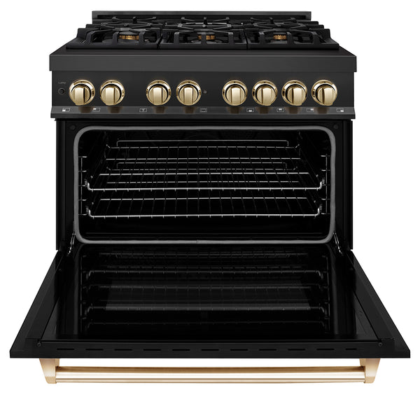 ZLINE Autograph Edition 36 in. 4.6 cu. ft. Legacy Dual Fuel Range with 6 Burner Gas Cooktop and Electric Convection Oven in Black Stainless Steel and Polished Gold Accents, Open Box-Great Condition