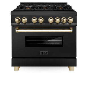 Buy gold ZLINE Autograph Edition 36&quot; 4.6 cu. ft. Dual Fuel Range with Gas Stove and Electric Oven in Black Stainless Steel with Accents (RABZ-36)