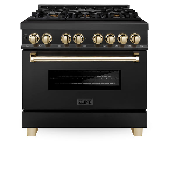 ZLINE Autograph Edition 36 in. 4.6 cu. ft. Legacy Dual Fuel Range with 6 Burner Gas Cooktop and Electric Convection Oven in Black Stainless Steel and Polished Gold Accents, Open Box-Great Condition