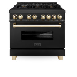 ZLINE Autograph Edition 36 in. 4.6 cu. ft. Legacy Dual Fuel Range with 6 Burner Gas Cooktop and Electric Convection Oven in Black Stainless Steel and Polished Gold Accents (RABZ-36-G)
