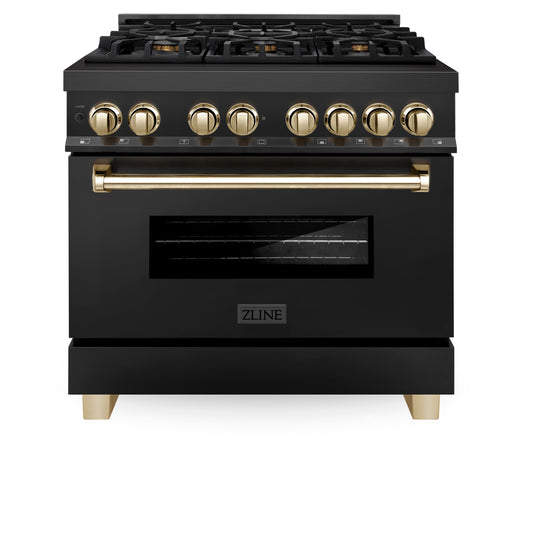 ZLINE Autograph Edition 36 in. 4.6 cu. ft. Legacy Dual Fuel Range with 6 Burner Gas Cooktop and Electric Convection Oven in Black Stainless Steel and Polished Gold Accents (RABZ-36-G)