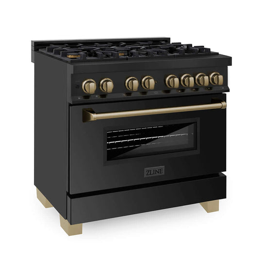 ZLINE Autograph Edition 36 in. 4.6 cu. ft. Legacy Dual Fuel Range with 6 Burner Gas Cooktop and Electric Convection Oven in Black Stainless Steel and Champagne Bronze Accents, Open Box-Good Condition