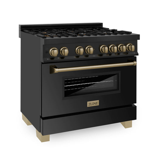 ZLINE Autograph Edition 36 in. 4.6 cu. ft. Legacy Dual Fuel Range with 6 Burner Gas Cooktop and Electric Convection Oven in Black Stainless Steel and Champagne Bronze Accents, Open Box-Great Condition