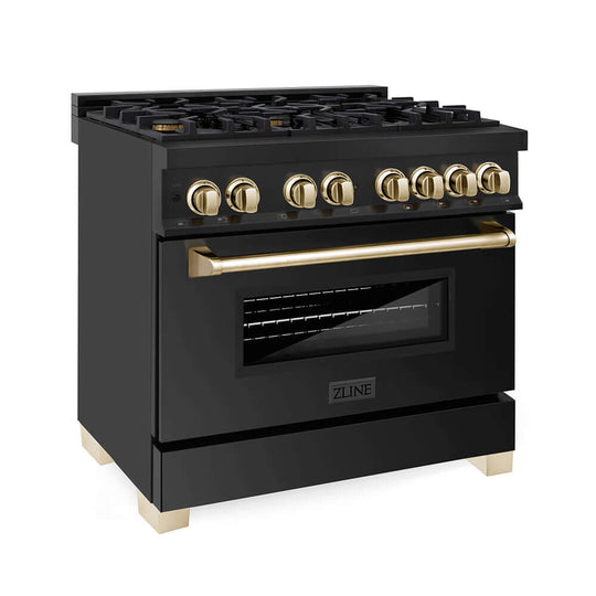 ZLINE Autograph Edition 36 in. 4.6 cu. ft. Legacy Dual Fuel Range with 6 Burner Gas Cooktop and Electric Convection Oven in Black Stainless Steel and Polished Gold Accents, Open Box-Good Condition