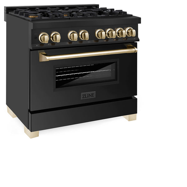 ZLINE Autograph Edition 36 in. 4.6 cu. ft. Legacy Dual Fuel Range with 6 Burner Gas Cooktop and Electric Convection Oven in Black Stainless Steel and Polished Gold Accents, Open Box-Great Condition