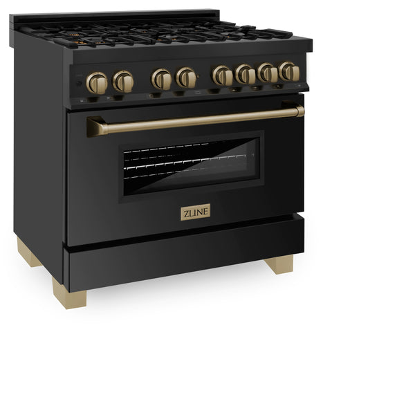 ZLINE Autograph Edition 36 in. 4.6 cu. ft. Legacy Dual Fuel Range with 6 Burner Gas Cooktop and Electric Convection Oven in Black Stainless Steel and Champagne Bronze Accents, Open Box-Great Condition