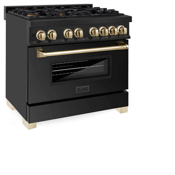 ZLINE Autograph Edition 36 in. 4.6 cu. ft. Legacy Dual Fuel Range with 6 Burner Gas Cooktop and Electric Convection Oven in Black Stainless Steel and Polished Gold Accents, Open Box-Good Condition