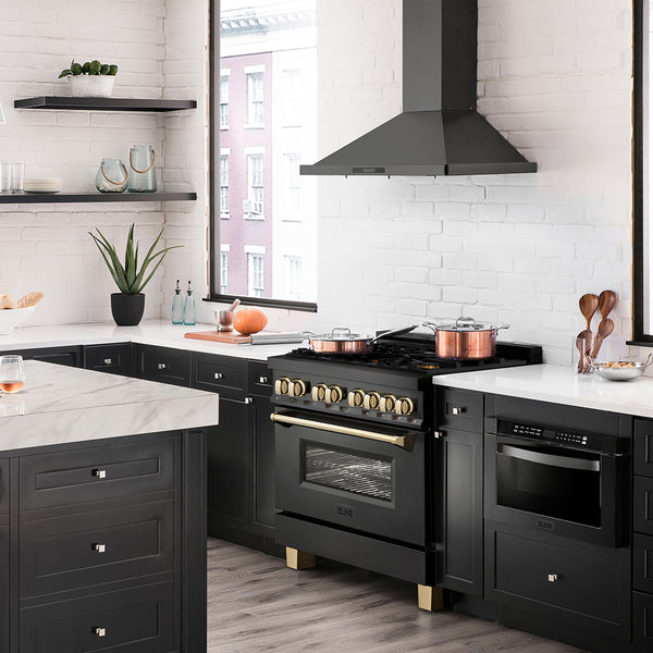 ZLINE Autograph Edition 36 in. 4.6 cu. ft. Legacy Dual Fuel Range with 6 Burner Gas Cooktop and Electric Convection Oven in Black Stainless Steel and Polished Gold Accents, Open Box-Great Condition