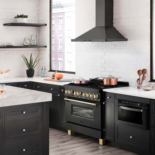ZLINE Autograph Edition 36 in. 4.6 cu. ft. Legacy Dual Fuel Range with 6 Burner Gas Cooktop and Electric Convection Oven in Black Stainless Steel and Polished Gold Accents, Open Box-Good Condition