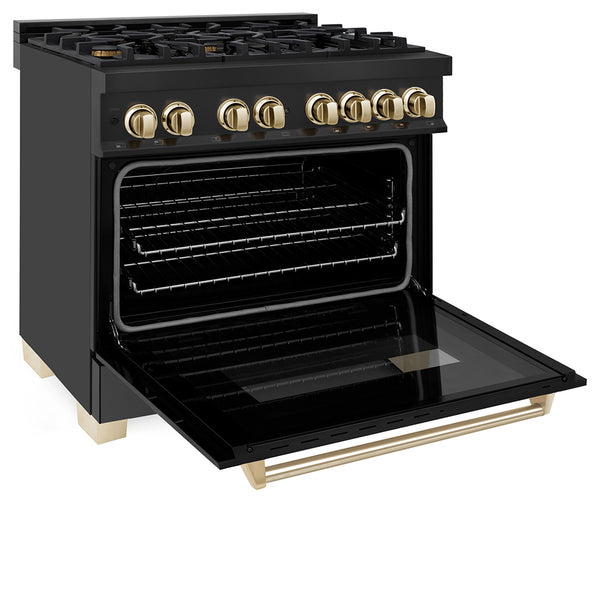 ZLINE Autograph Edition 36 in. 4.6 cu. ft. Legacy Dual Fuel Range with 6 Burner Gas Cooktop and Electric Convection Oven in Black Stainless Steel and Polished Gold Accents, Open Box-Great Condition