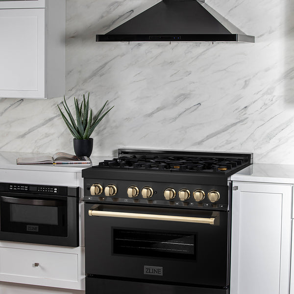 ZLINE Autograph Edition 36 in. 4.6 cu. ft. Legacy Dual Fuel Range with 6 Burner Gas Cooktop and Electric Convection Oven in Black Stainless Steel and Polished Gold Accents, Open Box-Great Condition