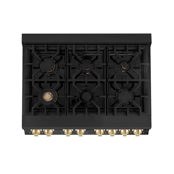ZLINE Autograph Edition 36 in. 4.6 cu. ft. Legacy Dual Fuel Range with 6 Burner Gas Cooktop and Electric Convection Oven in Black Stainless Steel and Polished Gold Accents, Open Box-Great Condition