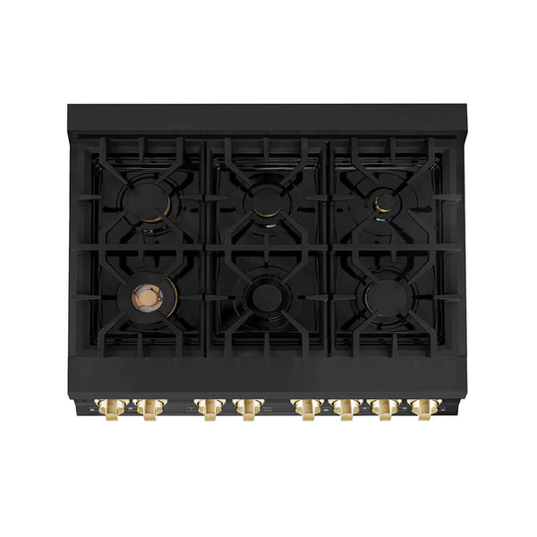 ZLINE Autograph Edition 36 in. 4.6 cu. ft. Legacy Dual Fuel Range with 6 Burner Gas Cooktop and Electric Convection Oven in Black Stainless Steel and Polished Gold Accents, Open Box-Good Condition