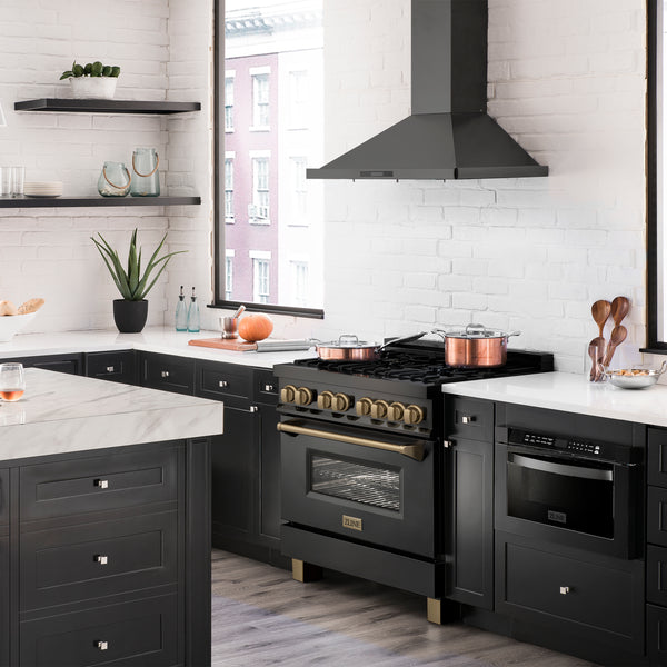 ZLINE Autograph Edition 36 in. 4.6 cu. ft. Legacy Dual Fuel Range with 6 Burner Gas Cooktop and Electric Convection Oven in Black Stainless Steel and Champagne Bronze Accents, Open Box-Great Condition