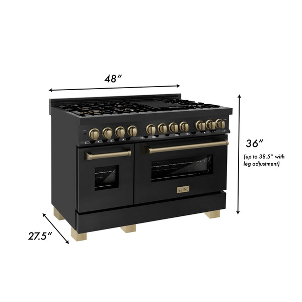 ZLINE Autograph Edition 48 in. 6.0 cu. ft. Legacy Dual Fuel Range with 7 Burner Gas Cooktop and 2 Electric Ovens in Black Stainless Steel and Champagne Bronze Accents, Open Box-Great Condition
