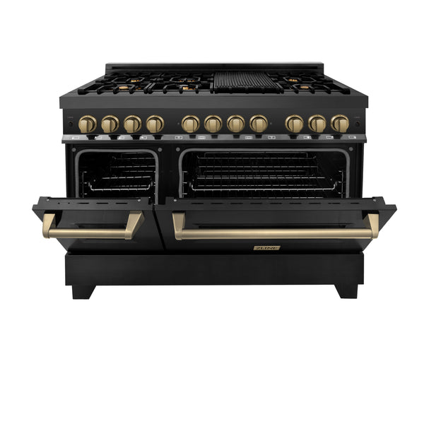 ZLINE Autograph Edition 48 in. 6.0 cu. ft. Legacy Dual Fuel Range with 7 Burner Gas Cooktop and 2 Electric Ovens in Black Stainless Steel and Champagne Bronze Accents, Open Box-Great Condition