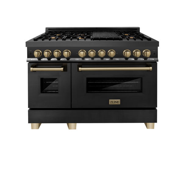 ZLINE Autograph Edition 48 in. 6.0 cu. ft. Legacy Dual Fuel Range with 7 Burner Gas Cooktop and 2 Electric Ovens in Black Stainless Steel and Champagne Bronze Accents, Open Box-Great Condition