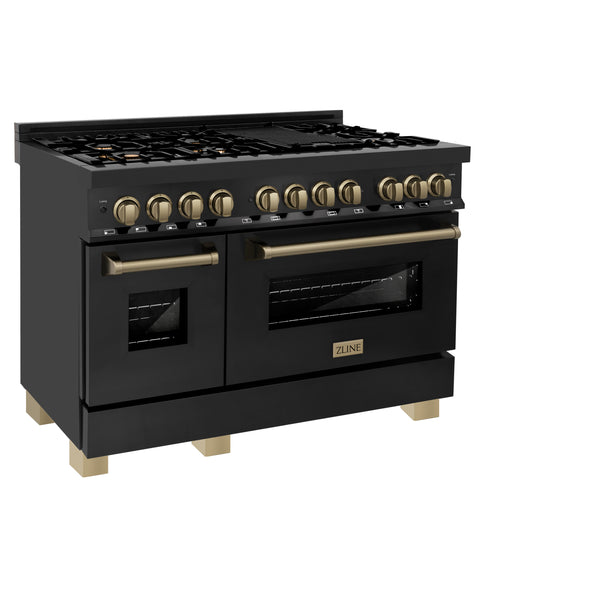 ZLINE Autograph Edition 48 in. 6.0 cu. ft. Legacy Dual Fuel Range with 7 Burner Gas Cooktop and 2 Electric Ovens in Black Stainless Steel and Champagne Bronze Accents, Open Box-Great Condition