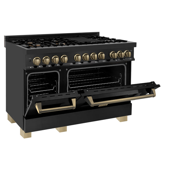ZLINE Autograph Edition 48 in. 6.0 cu. ft. Legacy Dual Fuel Range with 7 Burner Gas Cooktop and 2 Electric Ovens in Black Stainless Steel and Champagne Bronze Accents, Open Box-Great Condition