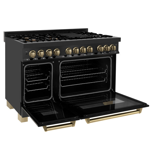 ZLINE Autograph Edition 48 in. 6.0 cu. ft. Legacy Dual Fuel Range with 7 Burner Gas Cooktop and 2 Electric Ovens in Black Stainless Steel and Champagne Bronze Accents, Open Box-Great Condition