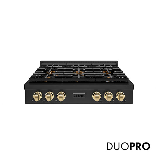 ZLINE Autograph Edition 36 in. Paramount Gas Rangetop with 6 Burner DuoPro™ Cooktop in Black Stainless Steel and Champagne Bronze Accents, Open Box-Great Condition