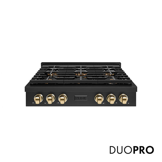 ZLINE Autograph Edition 36 in. Paramount Gas Rangetop with 6 Burner DuoPro™ Cooktop in Black Stainless Steel and Polished Gold Accents, Open Box-Great Condition