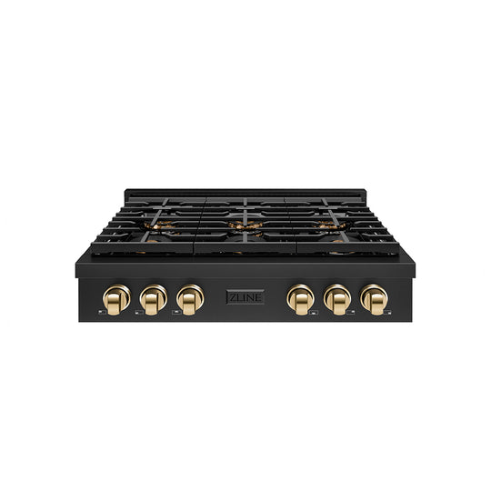 ZLINE Autograph Edition 36 in. Paramount Gas Rangetop with 6 Burner DuoPro™ Cooktop in Black Stainless Steel and Polished Gold Accents (PSRTBZ-36-G)