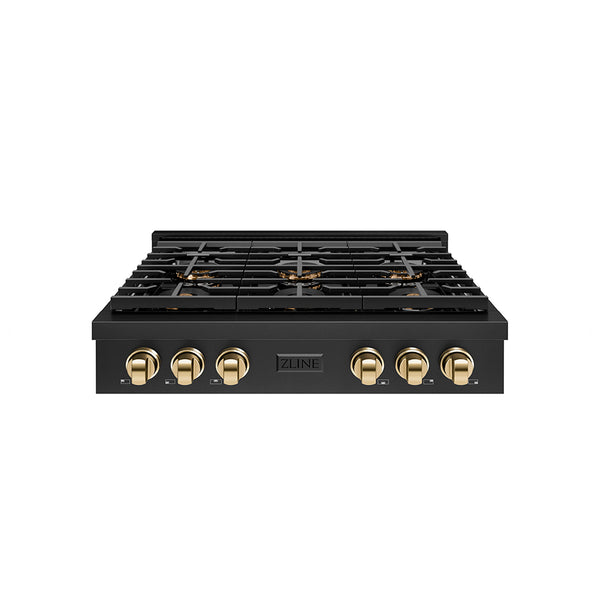 ZLINE Autograph Edition 36 in. Paramount Gas Rangetop with 6 Burner DuoPro™ Cooktop in Black Stainless Steel and Polished Gold Accents (PSRTBZ-36-G)