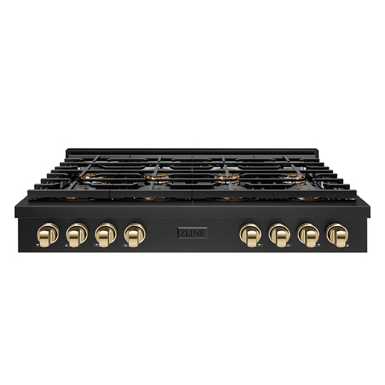 ZLINE Autograph Edition 48 in. Paramount Gas Rangetop with 8 Burner DuoPro™ Cooktop in Black Stainless Steel and Polished Gold Accents (PSRTBZ-48-G)